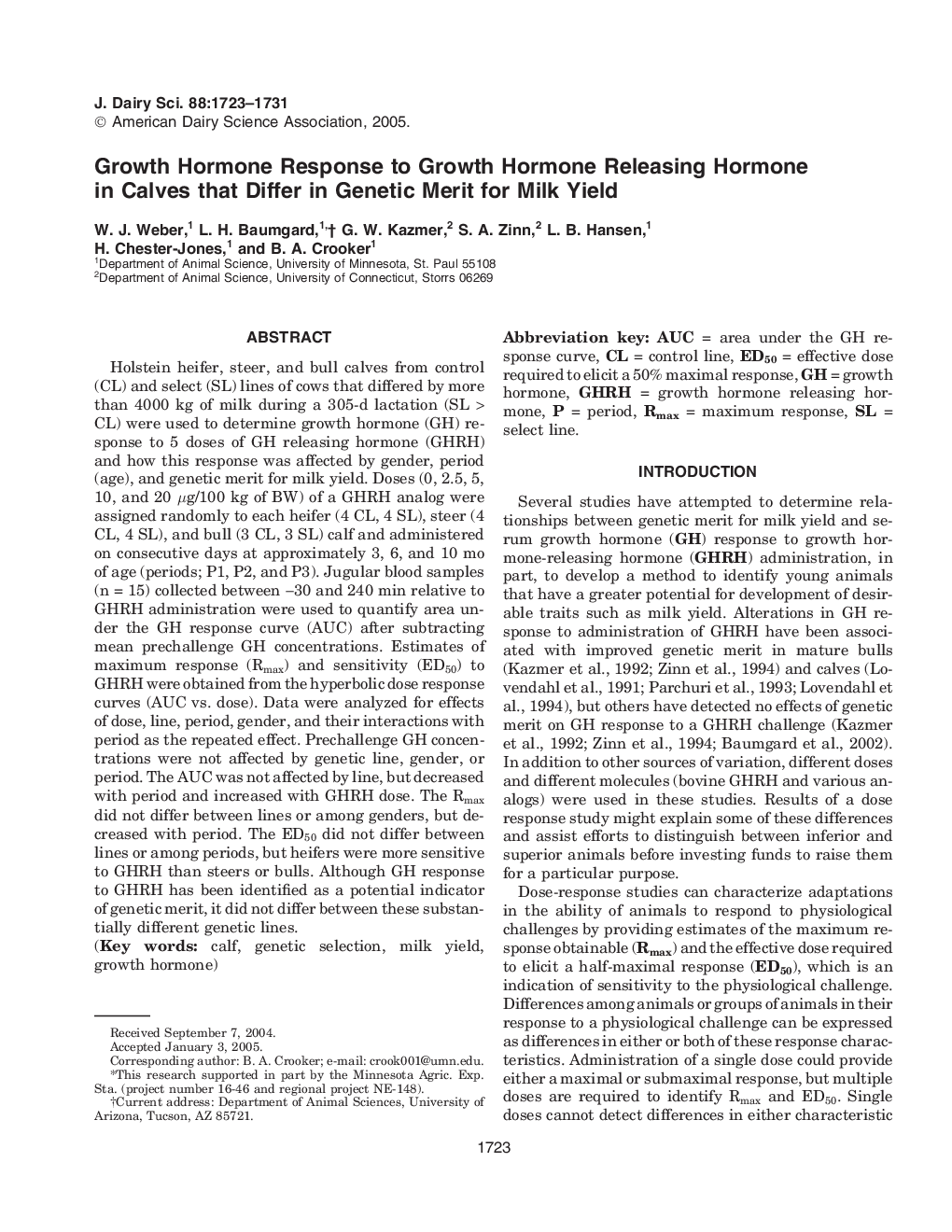 Growth Hormone Response to Growth Hormone Releasing Hormone in Calves that Differ in Genetic Merit for Milk Yield*