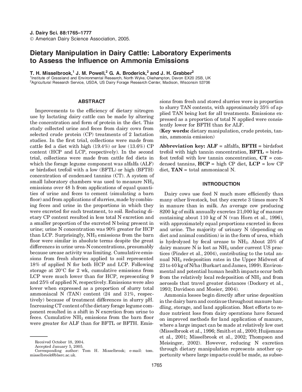 Dietary Manipulation in Dairy Cattle: Laboratory Experiments to Assess the Influence on Ammonia Emissions