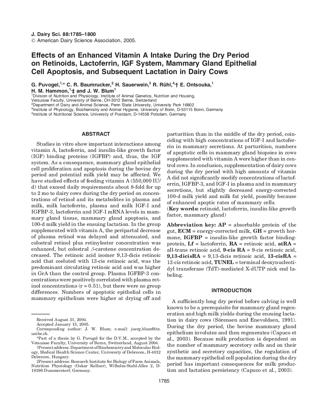 Effects of an Enhanced Vitamin A Intake During the Dry Period on Retinoids, Lactoferrin, IGF System, Mammary Gland Epithelial Cell Apoptosis, and Subsequent Lactation in Dairy Cows