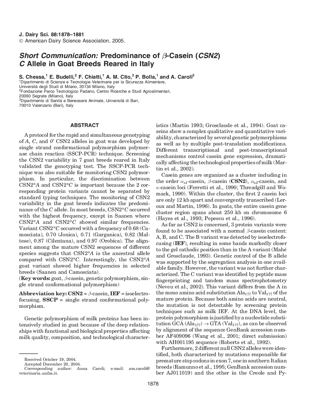 Short Communication: Predominance of Î²-Casein (CSN2) C Allele in Goat Breeds Reared in Italy