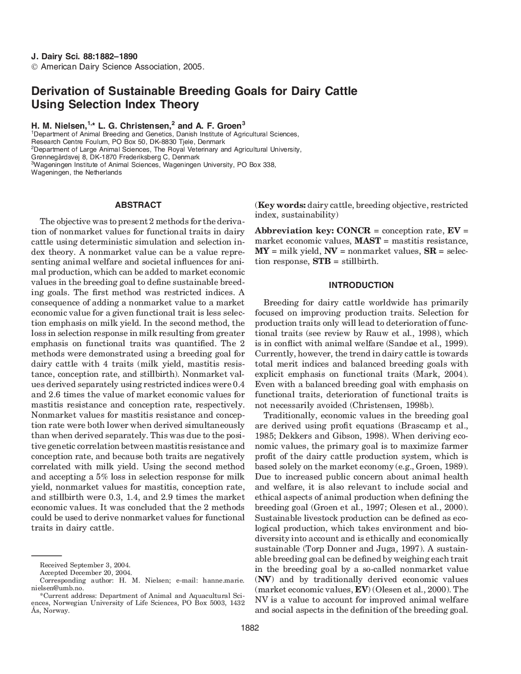 Derivation of Sustainable Breeding Goals for Dairy Cattle Using Selection Index Theory