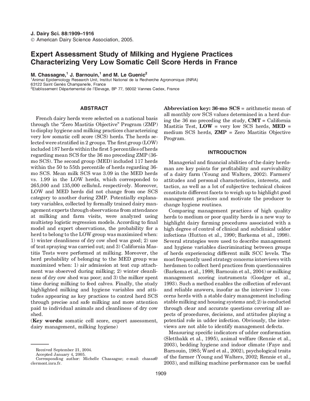 Expert Assessment Study of Milking and Hygiene Practices Characterizing Very Low Somatic Cell Score Herds in France