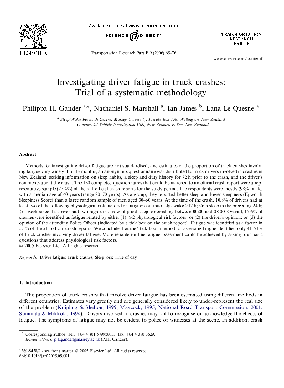 Investigating driver fatigue in truck crashes: Trial of a systematic methodology