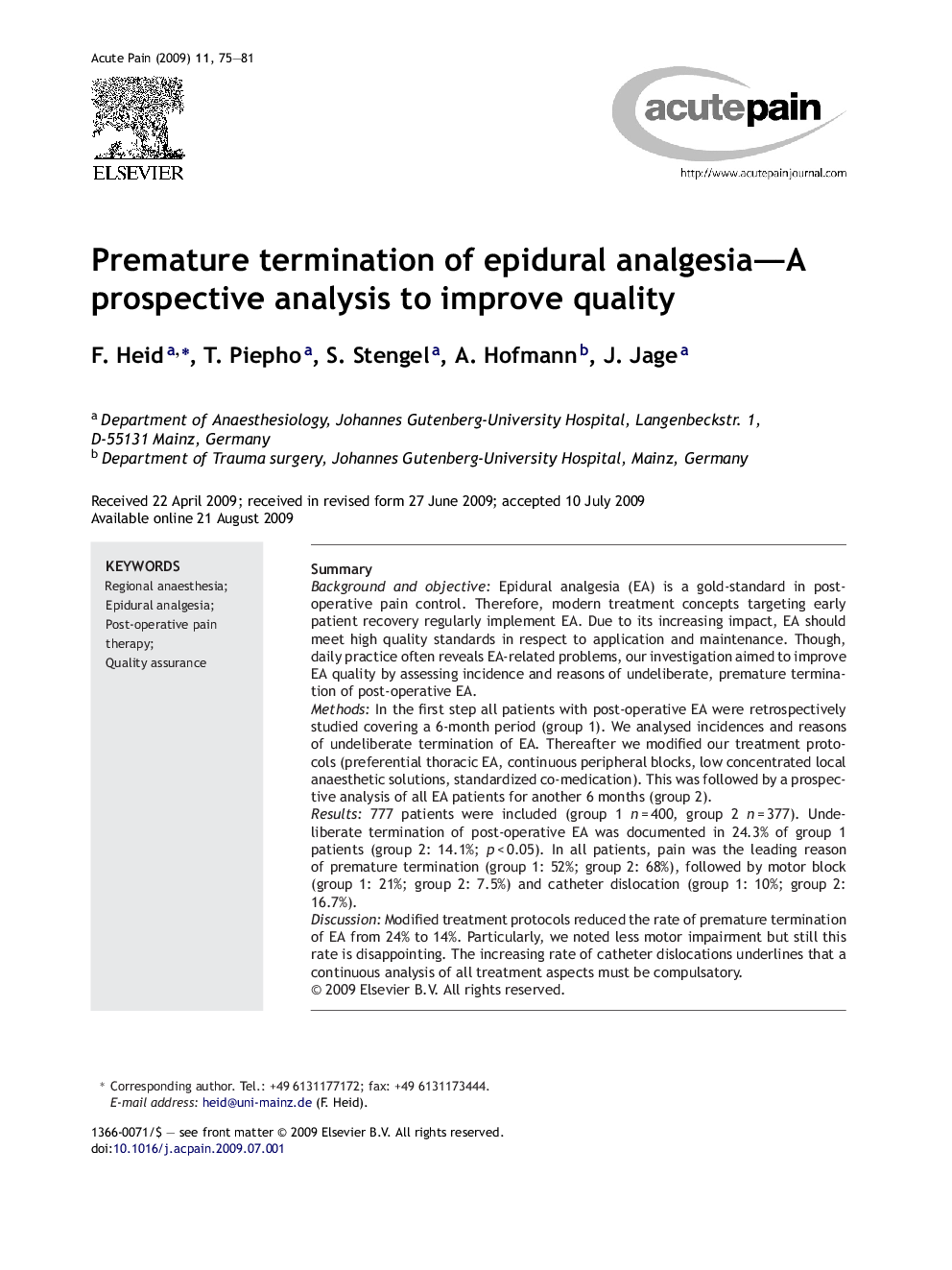 Premature termination of epidural analgesia—A prospective analysis to improve quality