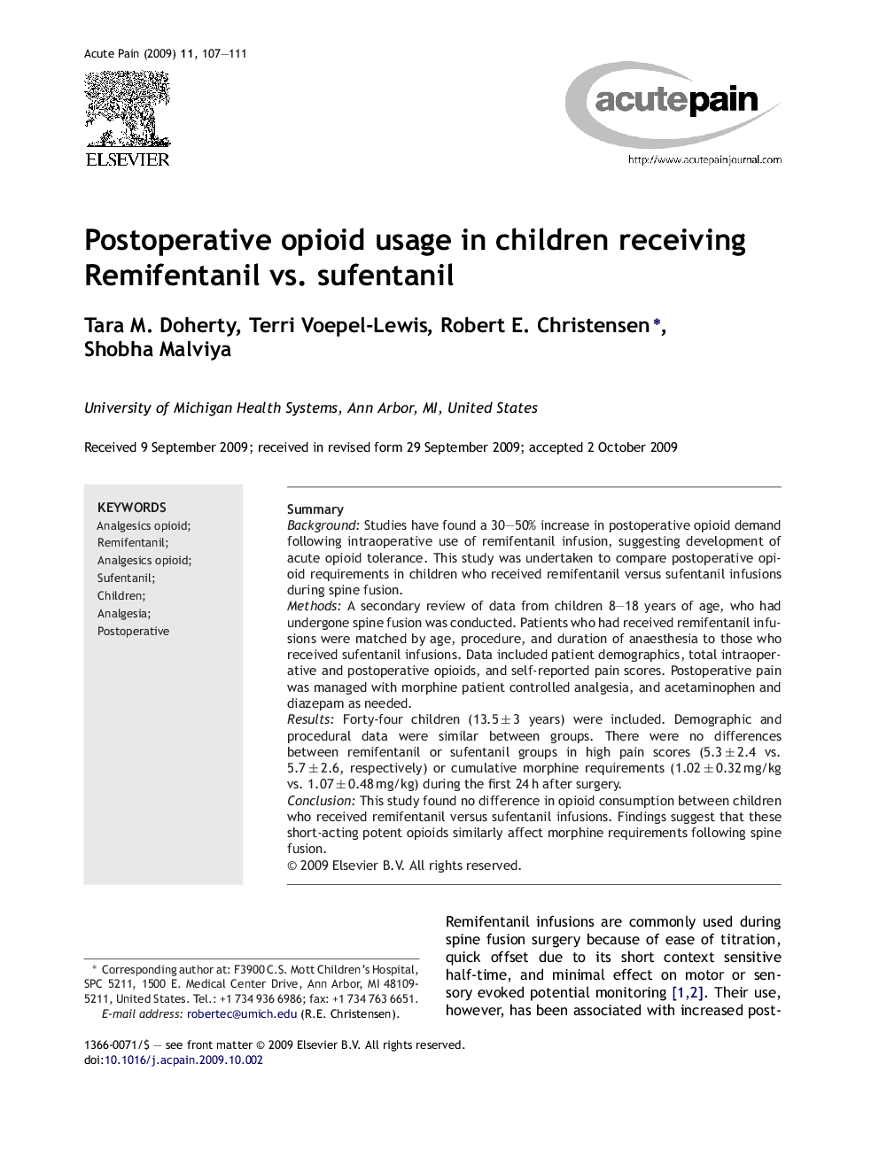 Postoperative opioid usage in children receiving Remifentanil vs. sufentanil