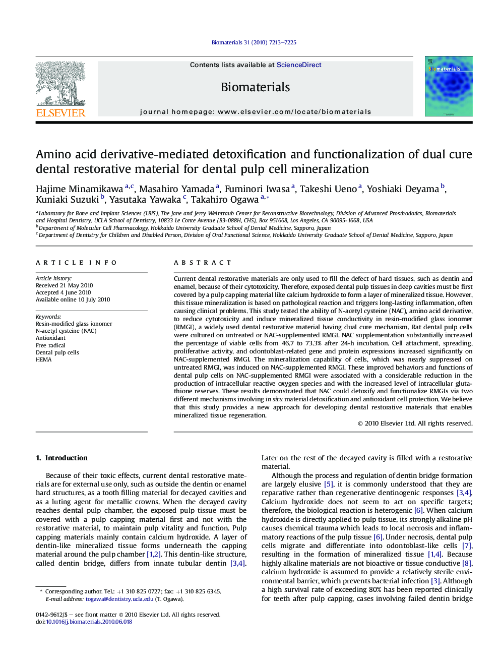 Amino acid derivative-mediated detoxification and functionalization of dual cure dental restorative material for dental pulp cell mineralization