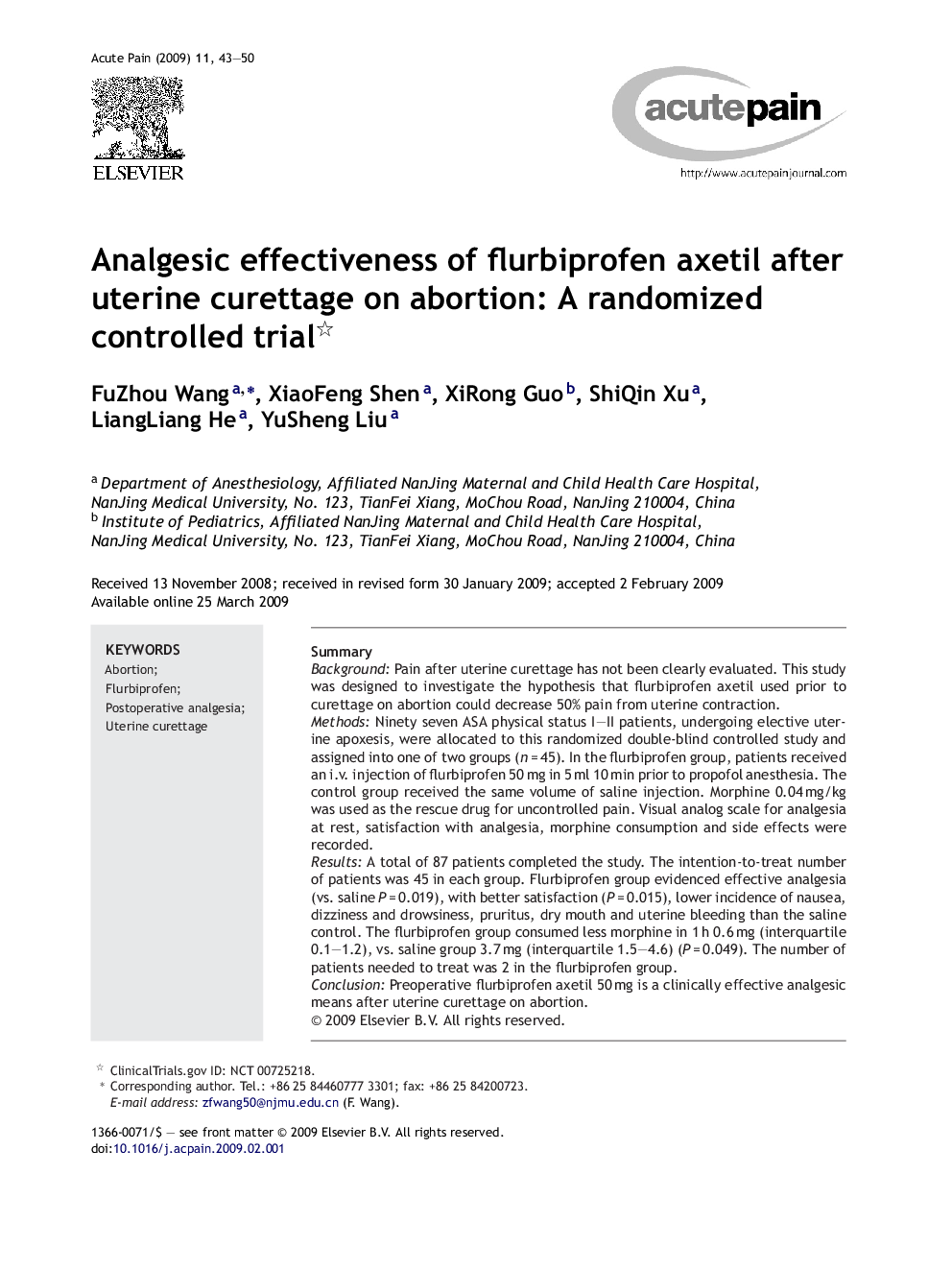 Analgesic effectiveness of flurbiprofen axetil after uterine curettage on abortion: A randomized controlled trial 