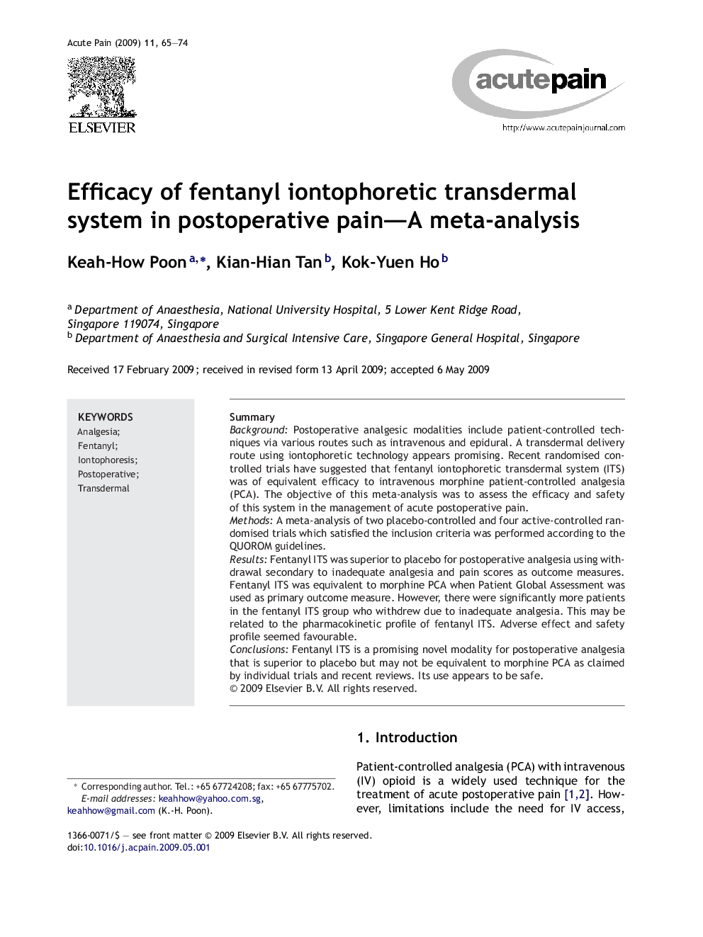 Efficacy of fentanyl iontophoretic transdermal system in postoperative pain—A meta-analysis