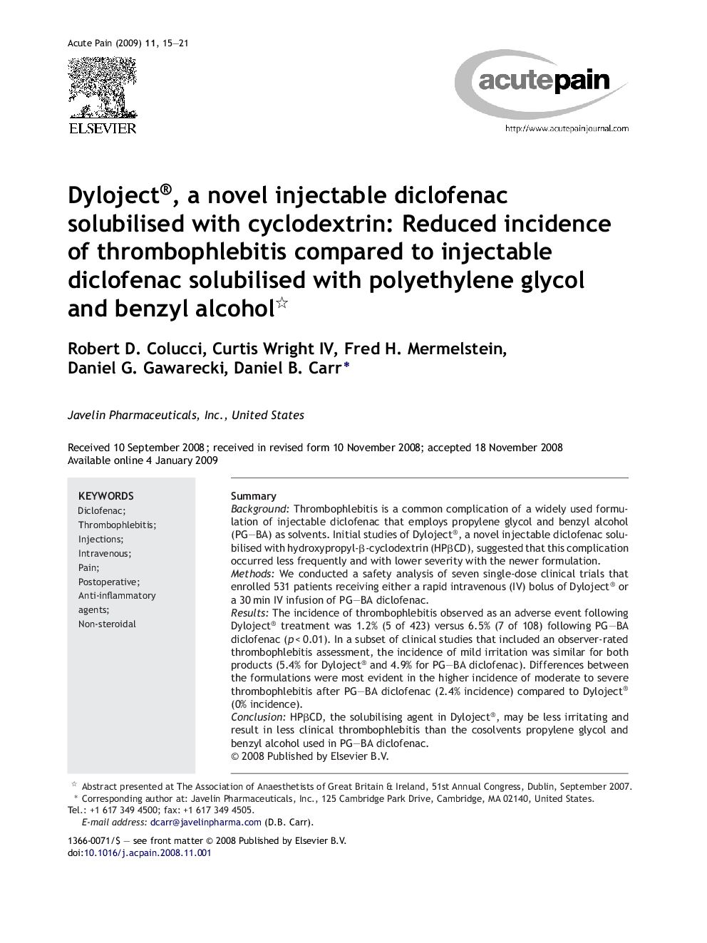 Dyloject®, a novel injectable diclofenac solubilised with cyclodextrin: Reduced incidence of thrombophlebitis compared to injectable diclofenac solubilised with polyethylene glycol and benzyl alcohol 