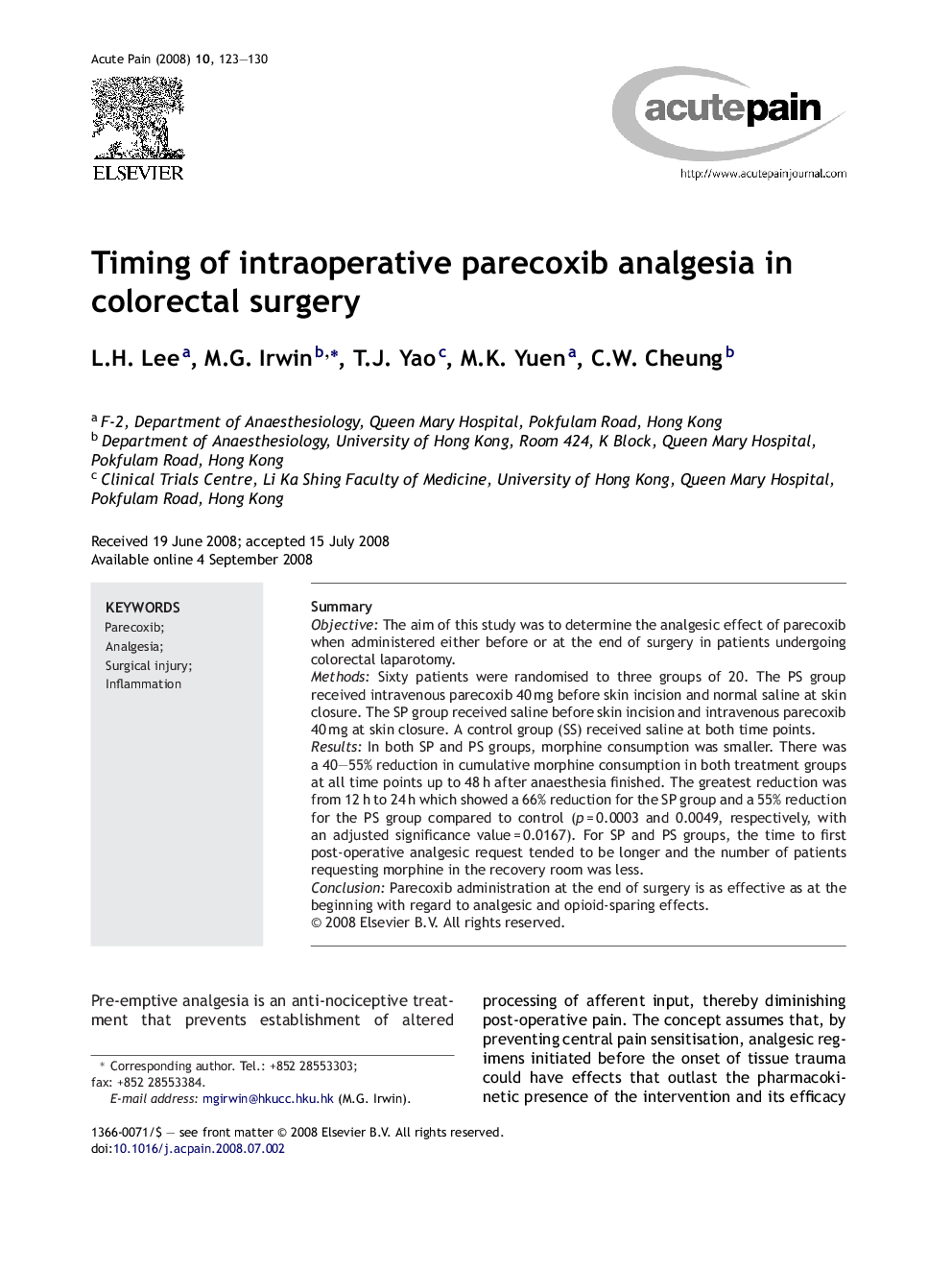 Timing of intraoperative parecoxib analgesia in colorectal surgery