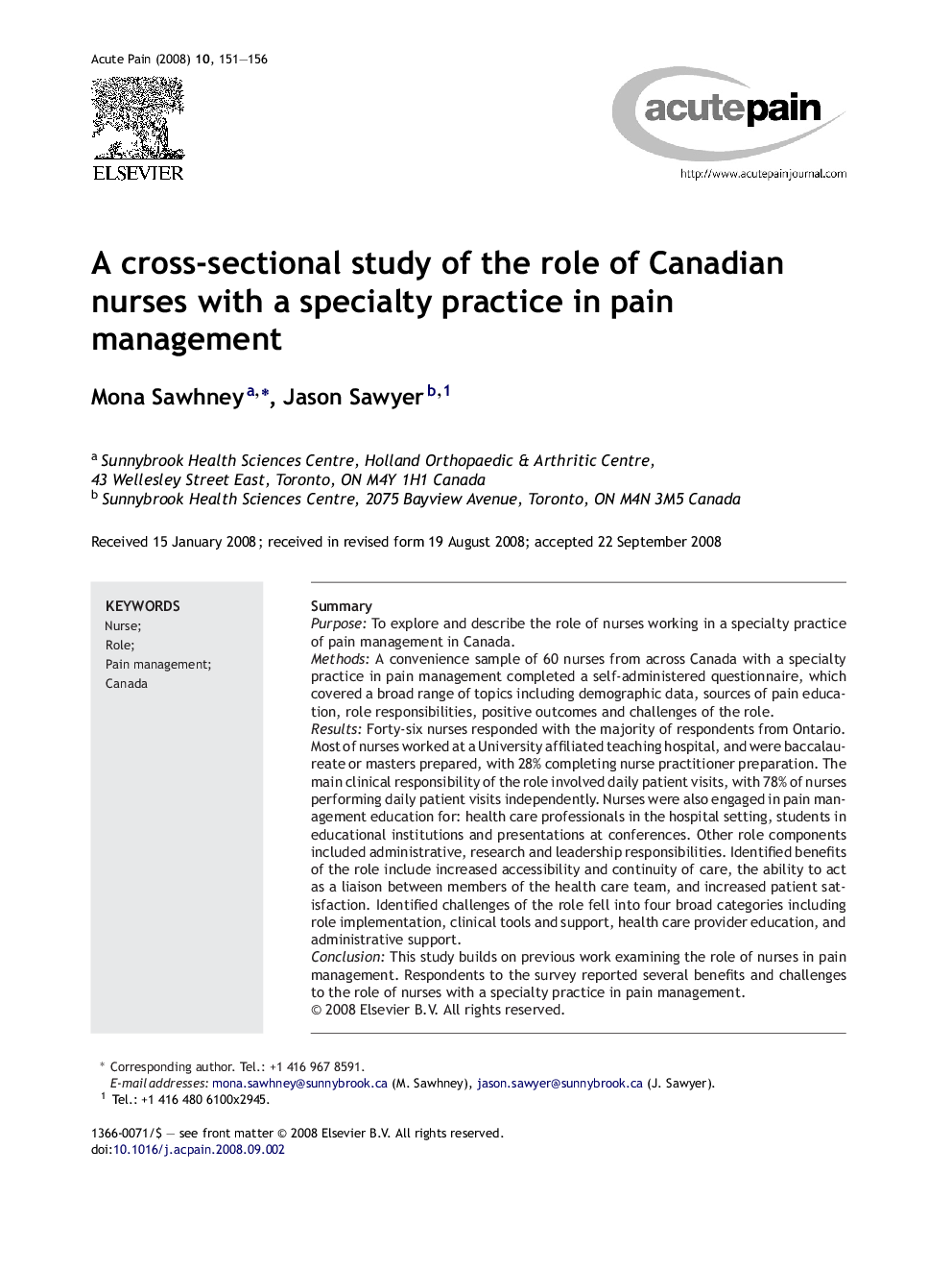 A cross-sectional study of the role of Canadian nurses with a specialty practice in pain management