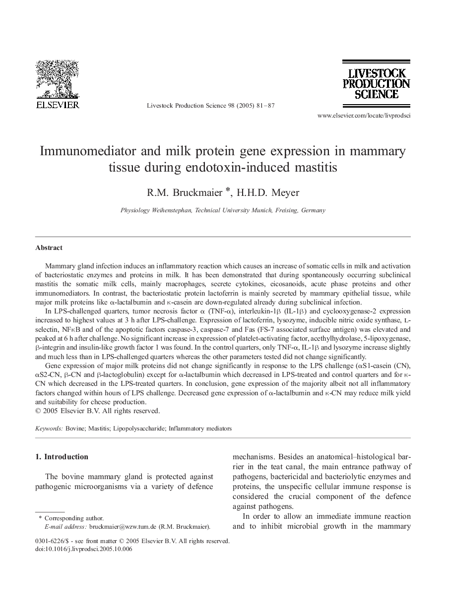 Immunomediator and milk protein gene expression in mammary tissue during endotoxin-induced mastitis