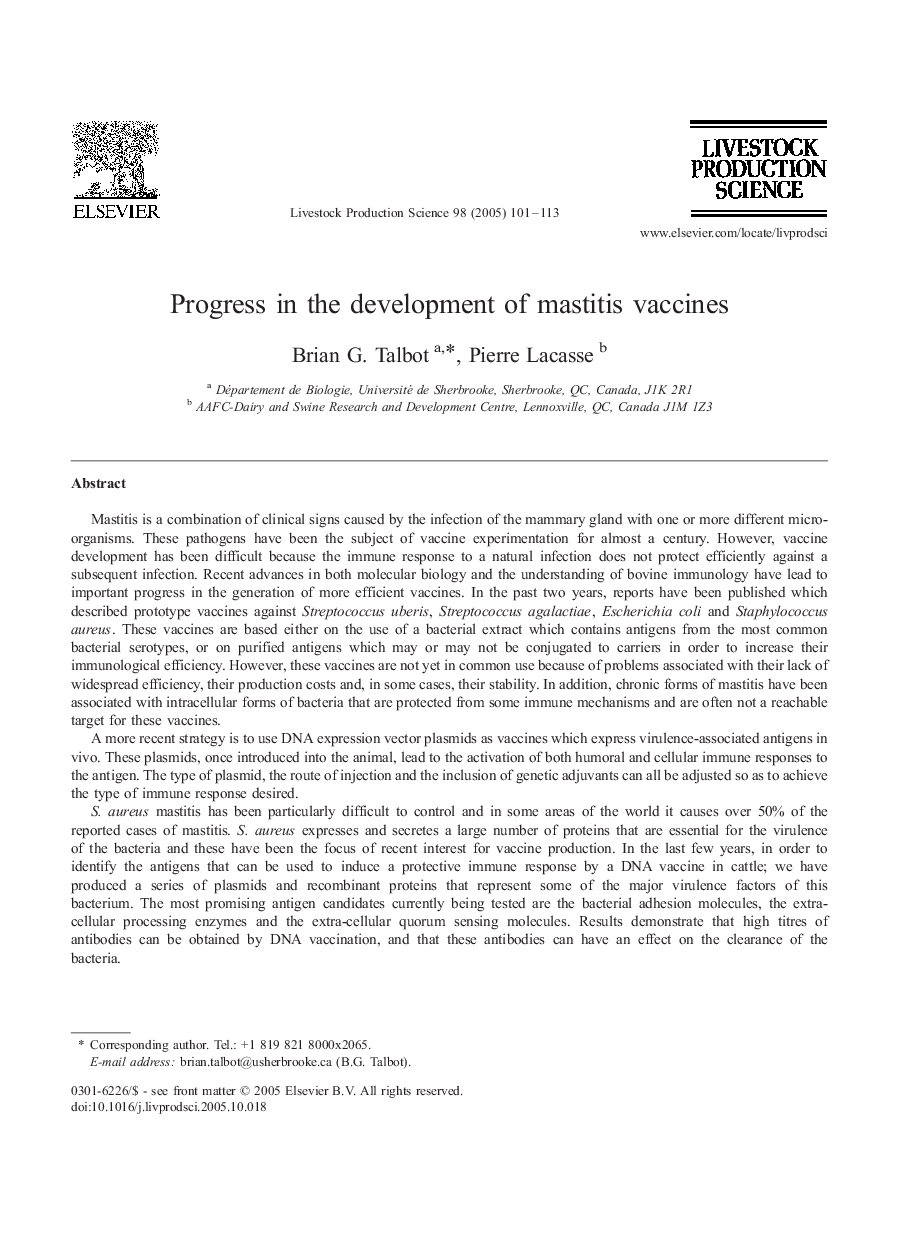 Progress in the development of mastitis vaccines