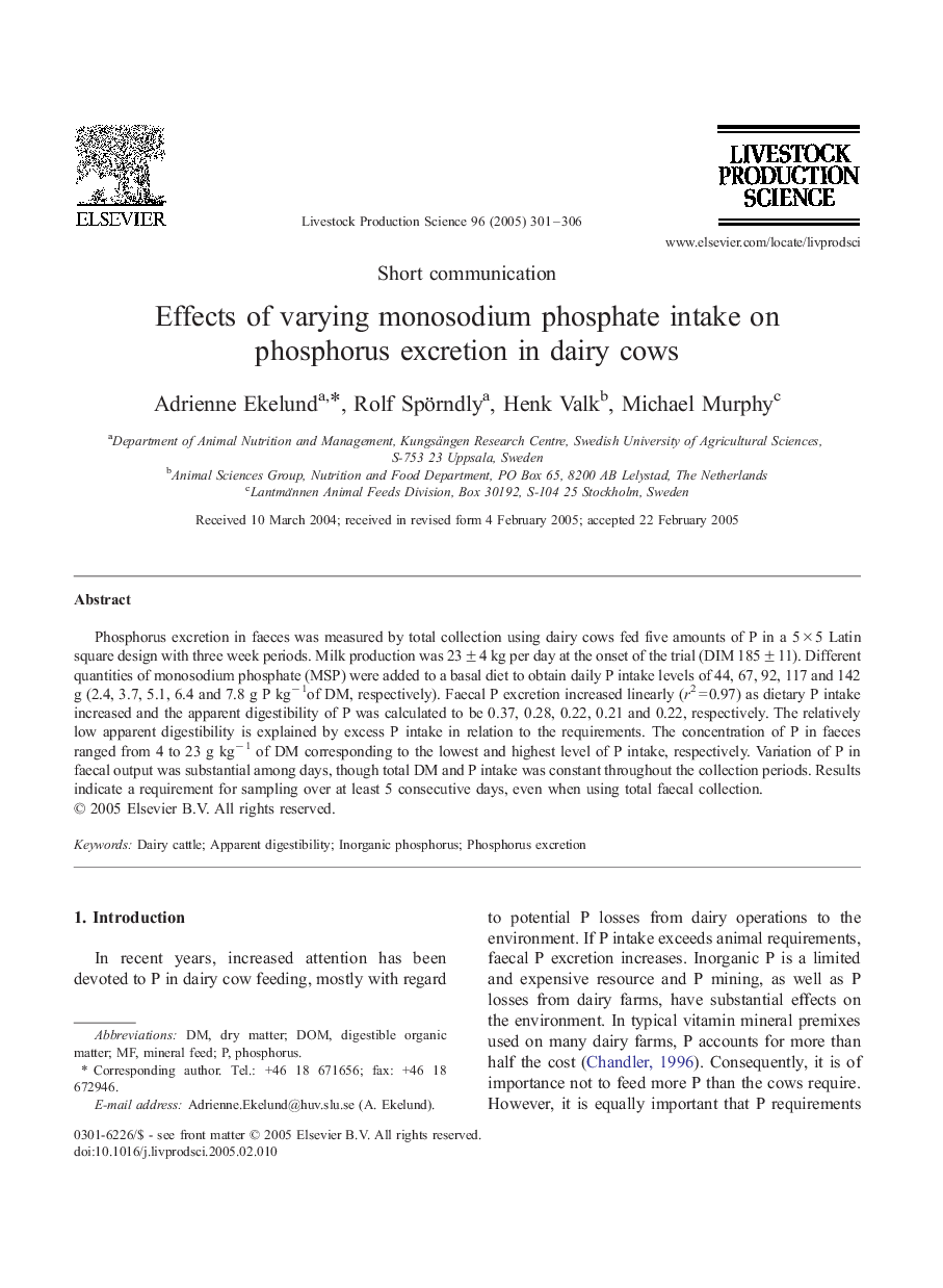 Effects of varying monosodium phosphate intake on phosphorus excretion in dairy cows