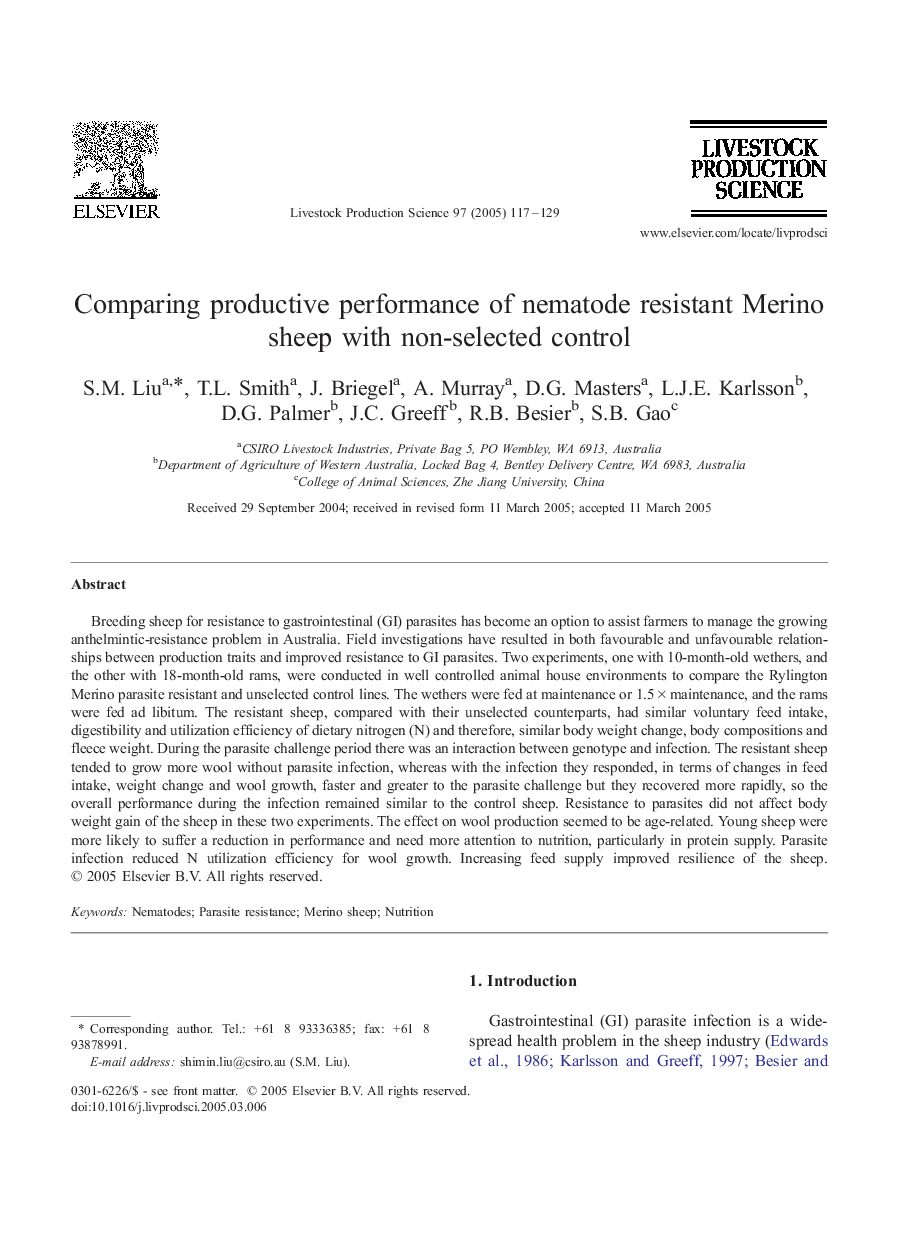 Comparing productive performance of nematode resistant Merino sheep with non-selected control