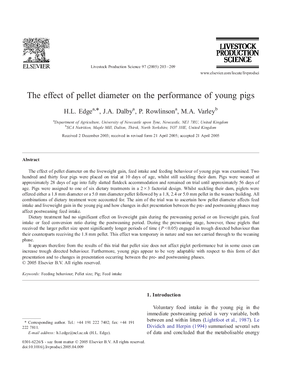 The effect of pellet diameter on the performance of young pigs