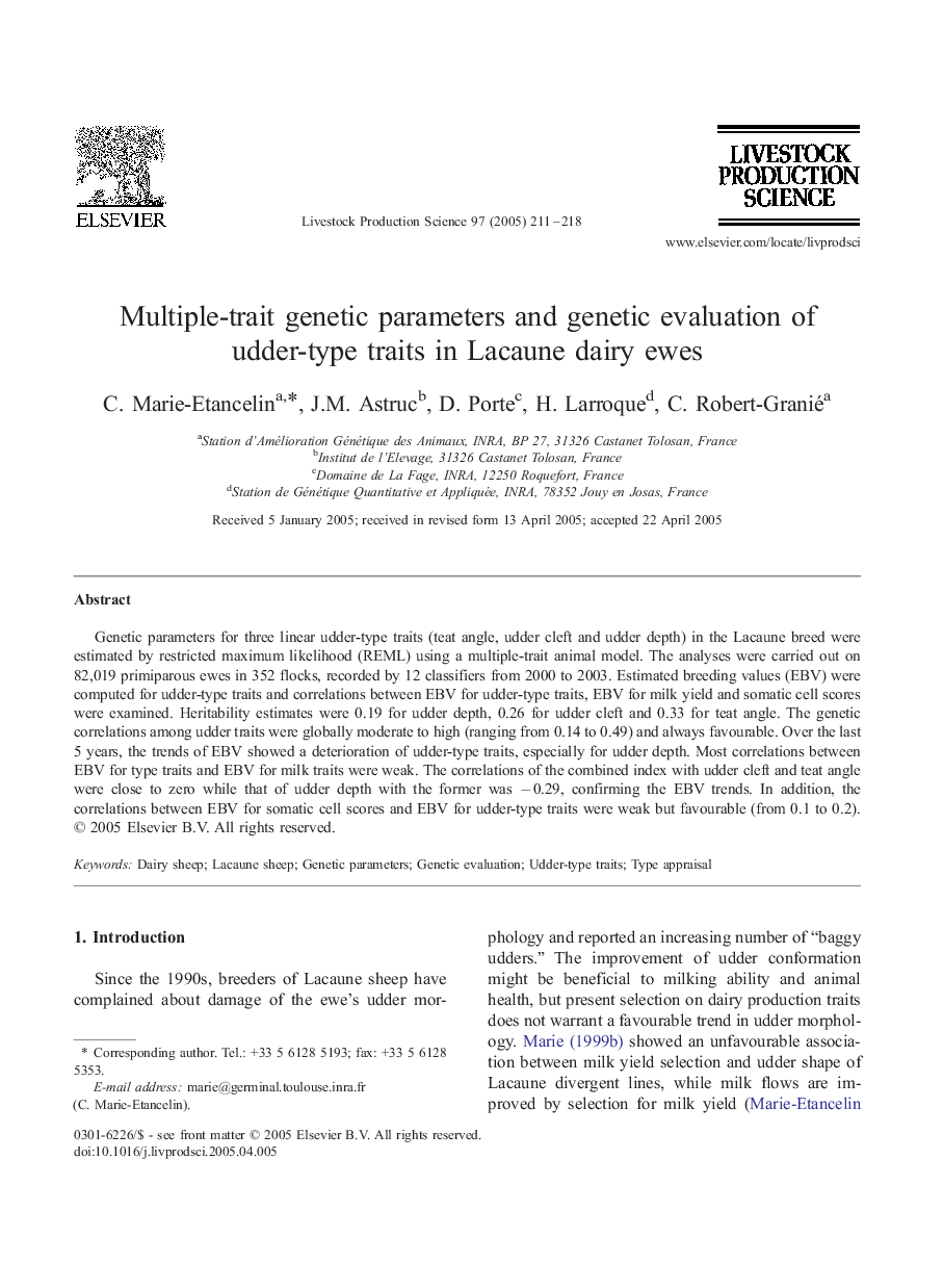 Multiple-trait genetic parameters and genetic evaluation of udder-type traits in Lacaune dairy ewes