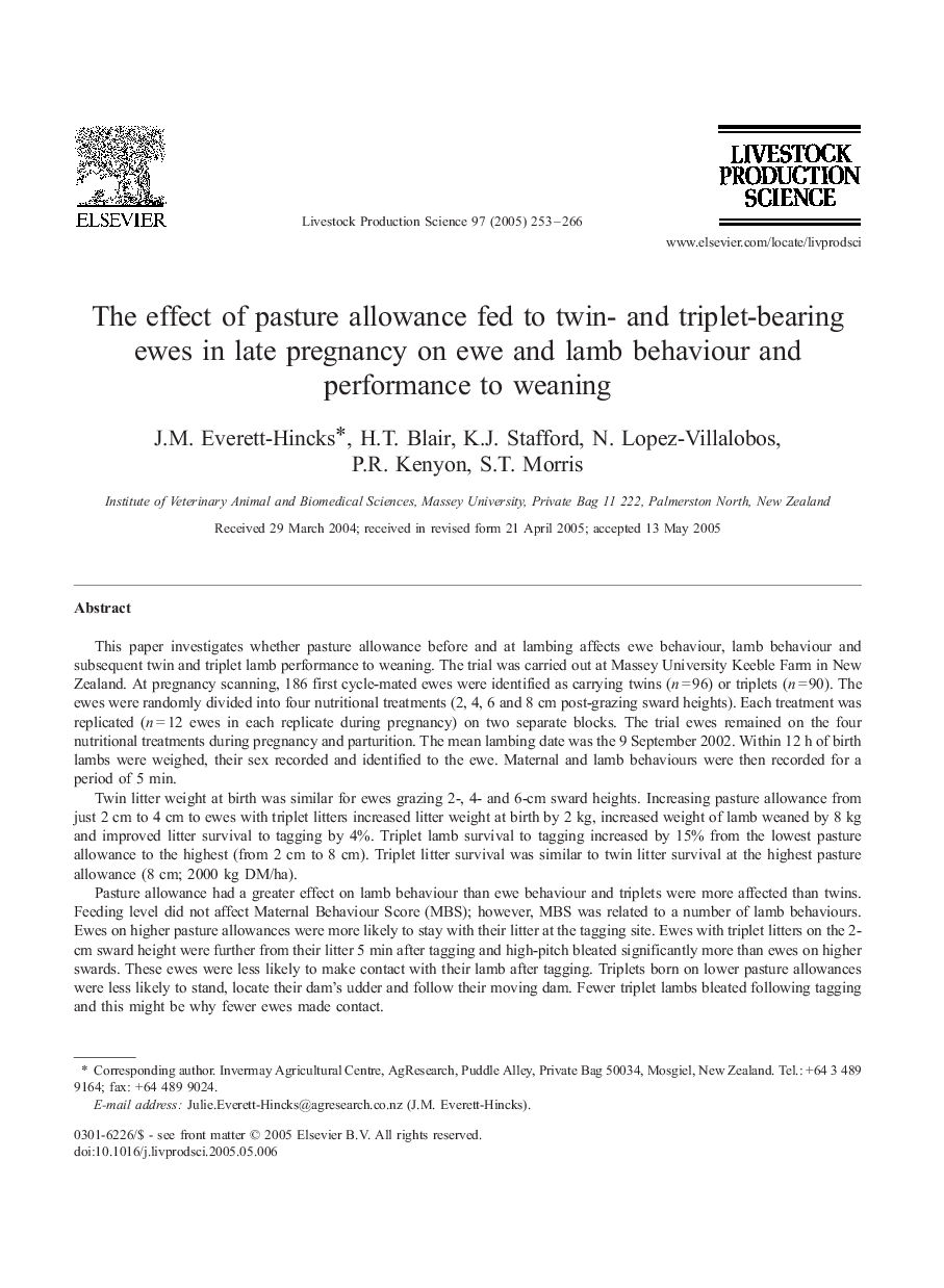 The effect of pasture allowance fed to twin- and triplet-bearing ewes in late pregnancy on ewe and lamb behaviour and performance to weaning