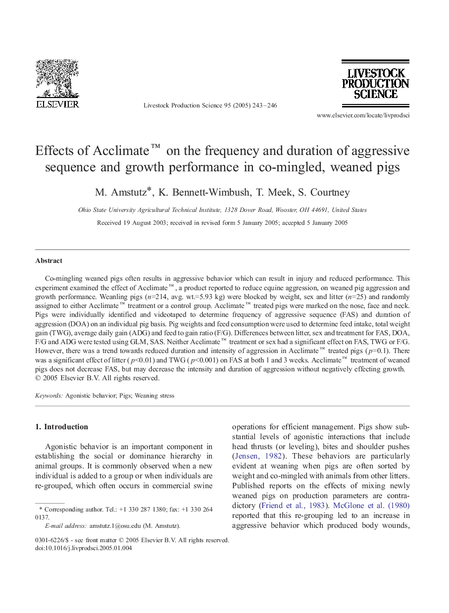 Effects of Acclimateâ¢ on the frequency and duration of aggressive sequence and growth performance in co-mingled, weaned pigs