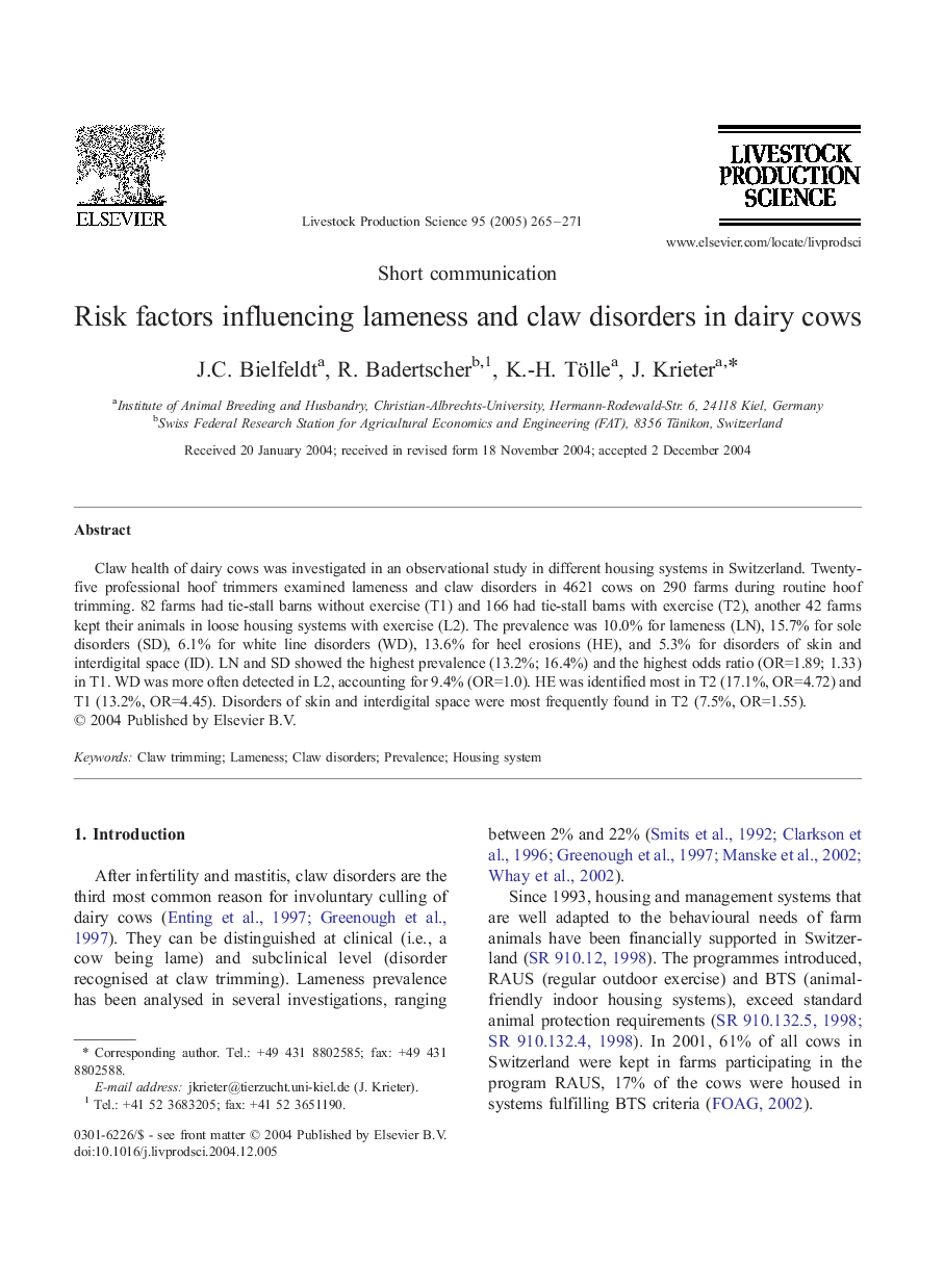 Risk factors influencing lameness and claw disorders in dairy cows