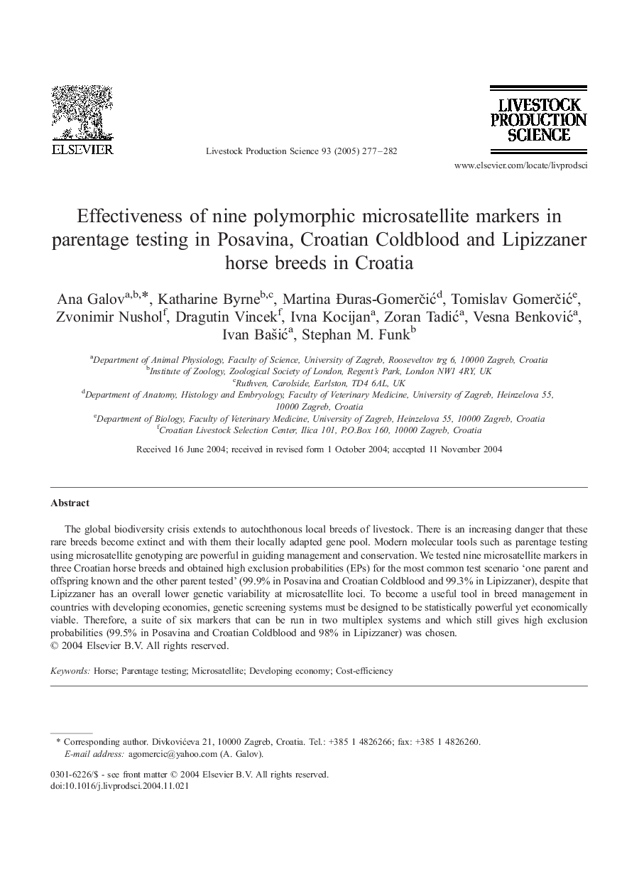 Effectiveness of nine polymorphic microsatellite markers in parentage testing in Posavina, Croatian Coldblood and Lipizzaner horse breeds in Croatia