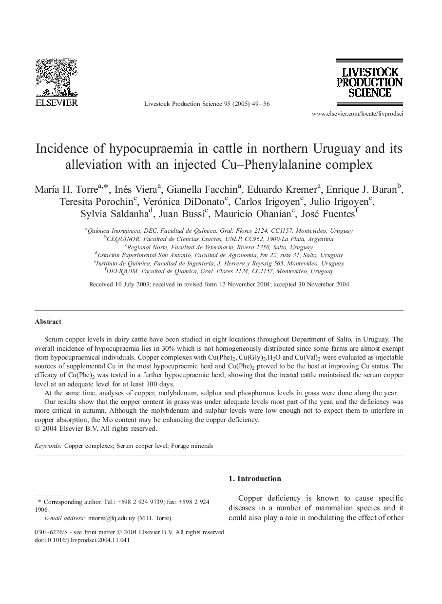 Incidence of hypocupraemia in cattle in northern Uruguay and its alleviation with an injected Cu-Phenylalanine complex