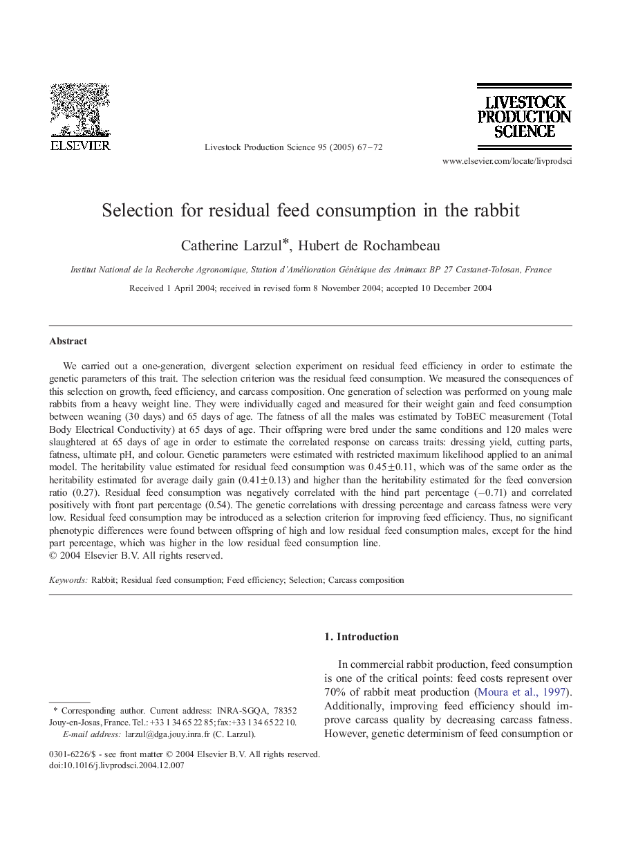 Selection for residual feed consumption in the rabbit