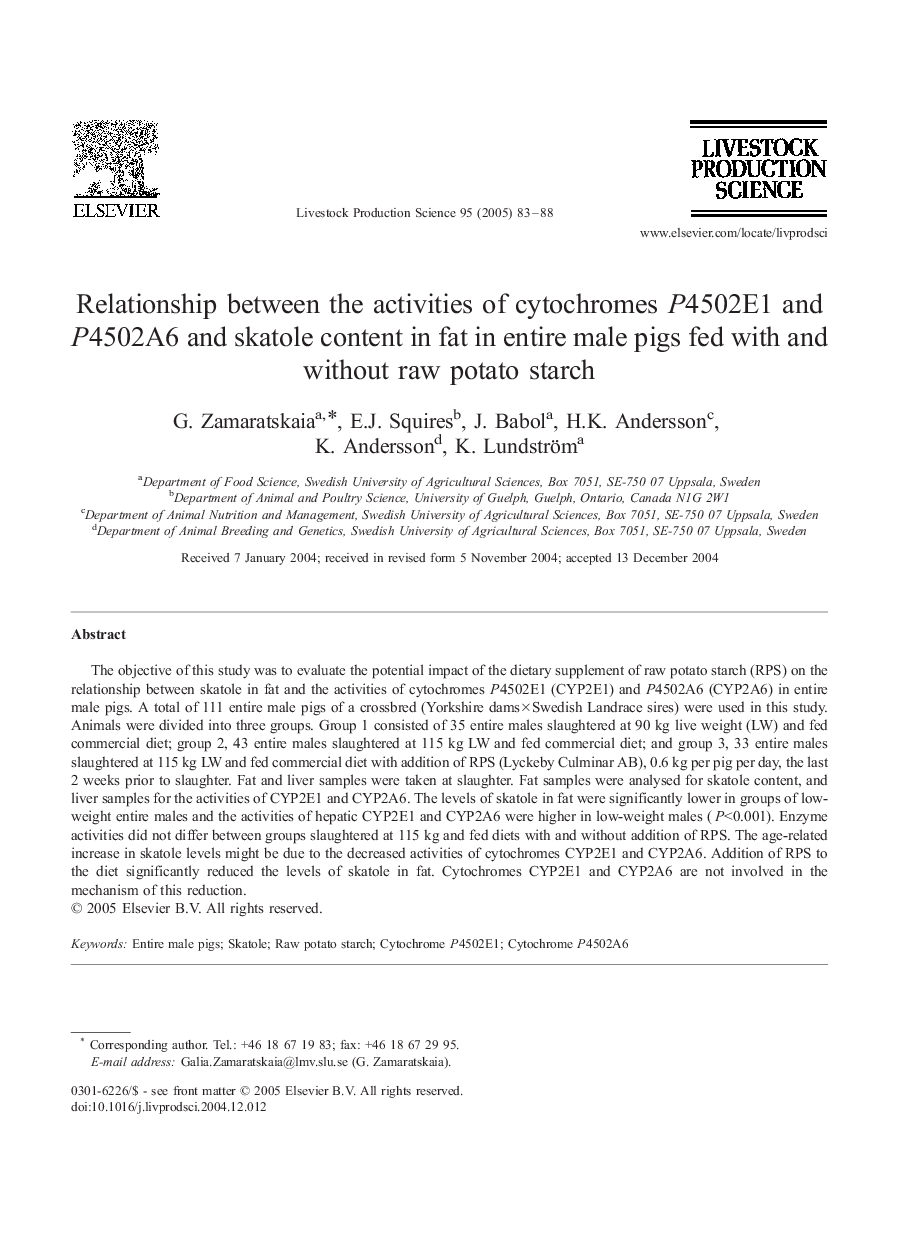 Relationship between the activities of cytochromes P4502E1 and P4502A6 and skatole content in fat in entire male pigs fed with and without raw potato starch