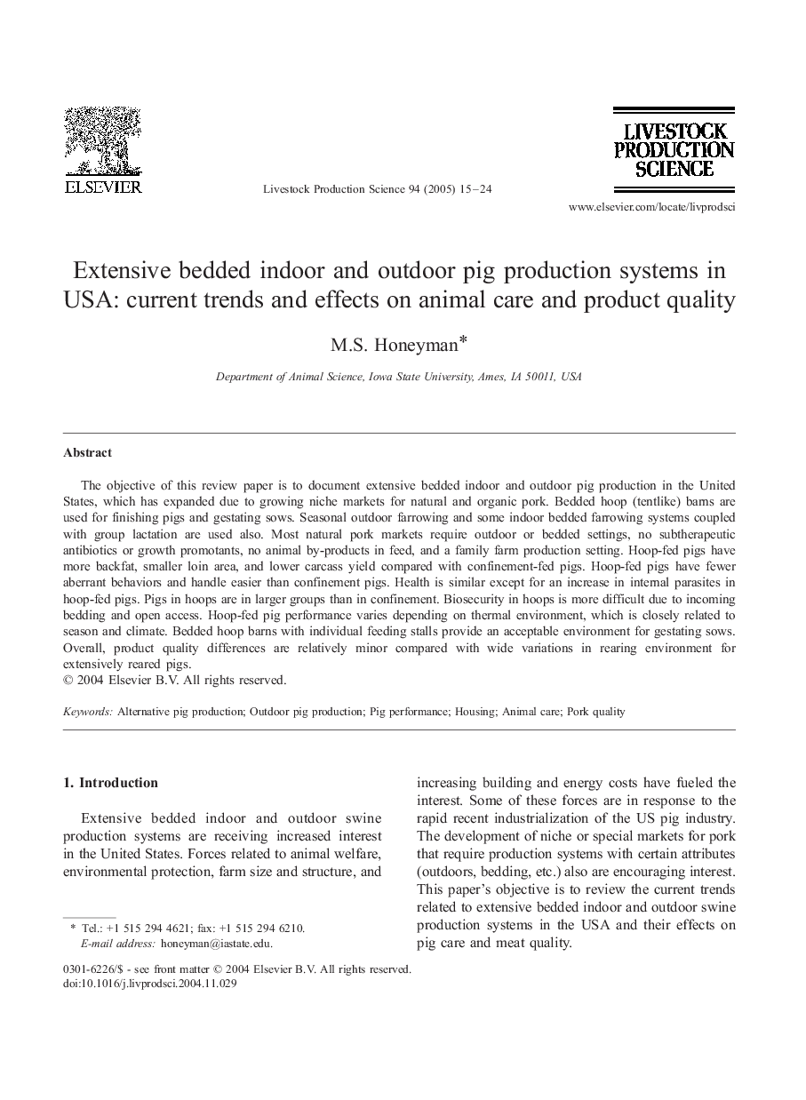 Extensive bedded indoor and outdoor pig production systems in USA: current trends and effects on animal care and product quality