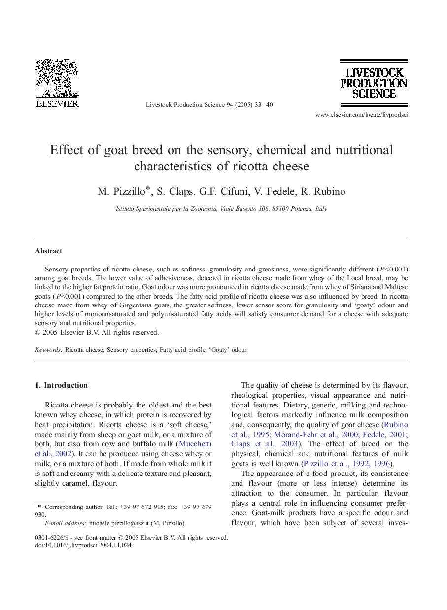 Effect of goat breed on the sensory, chemical and nutritional characteristics of ricotta cheese