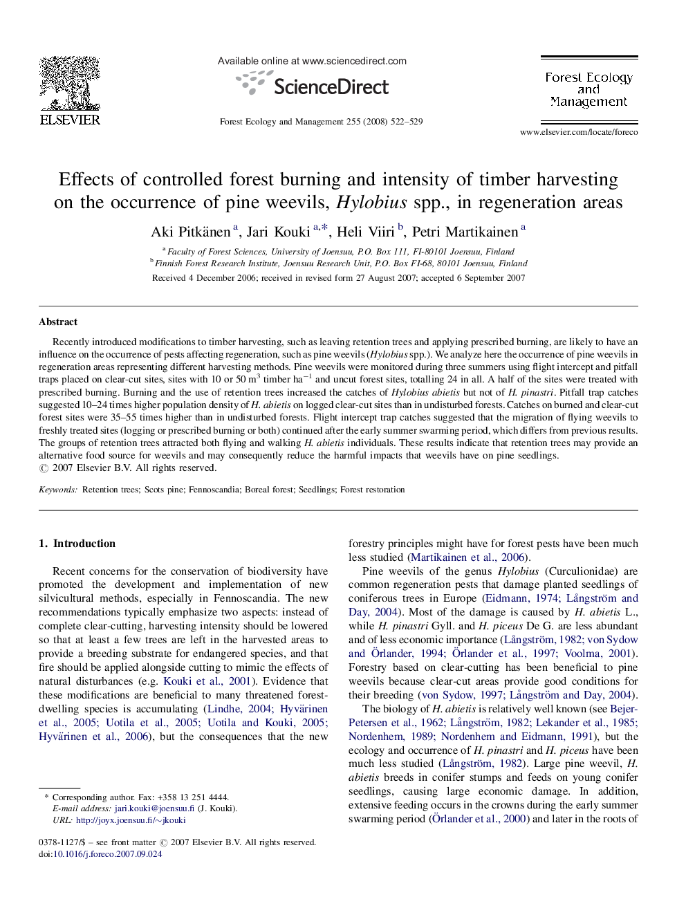 Effects of controlled forest burning and intensity of timber harvesting on the occurrence of pine weevils, Hylobius spp., in regeneration areas