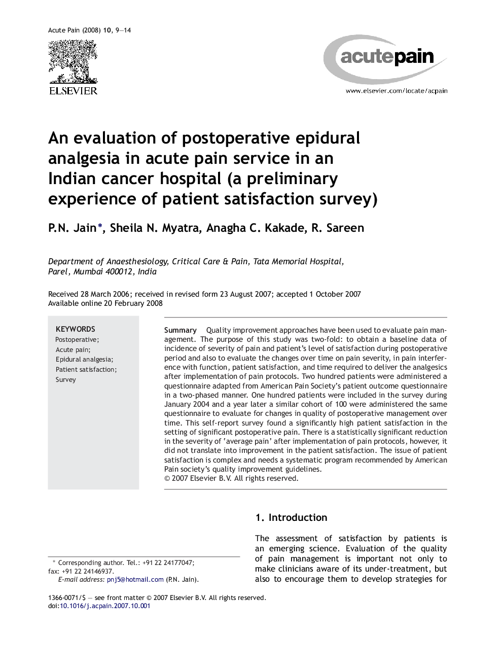 An evaluation of postoperative epidural analgesia in acute pain service in an Indian cancer hospital (a preliminary experience of patient satisfaction survey)