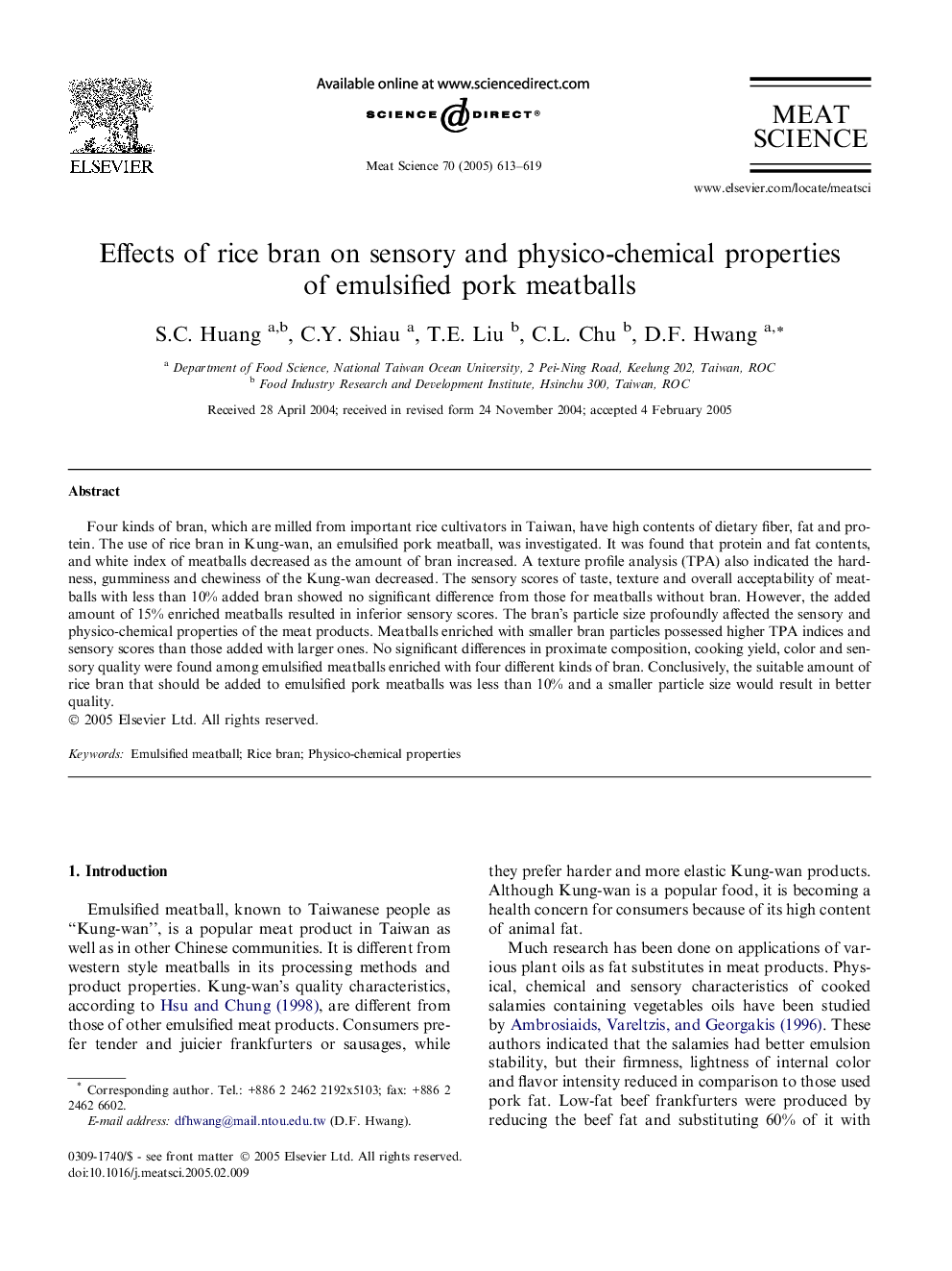 Effects of rice bran on sensory and physico-chemical properties of emulsified pork meatballs