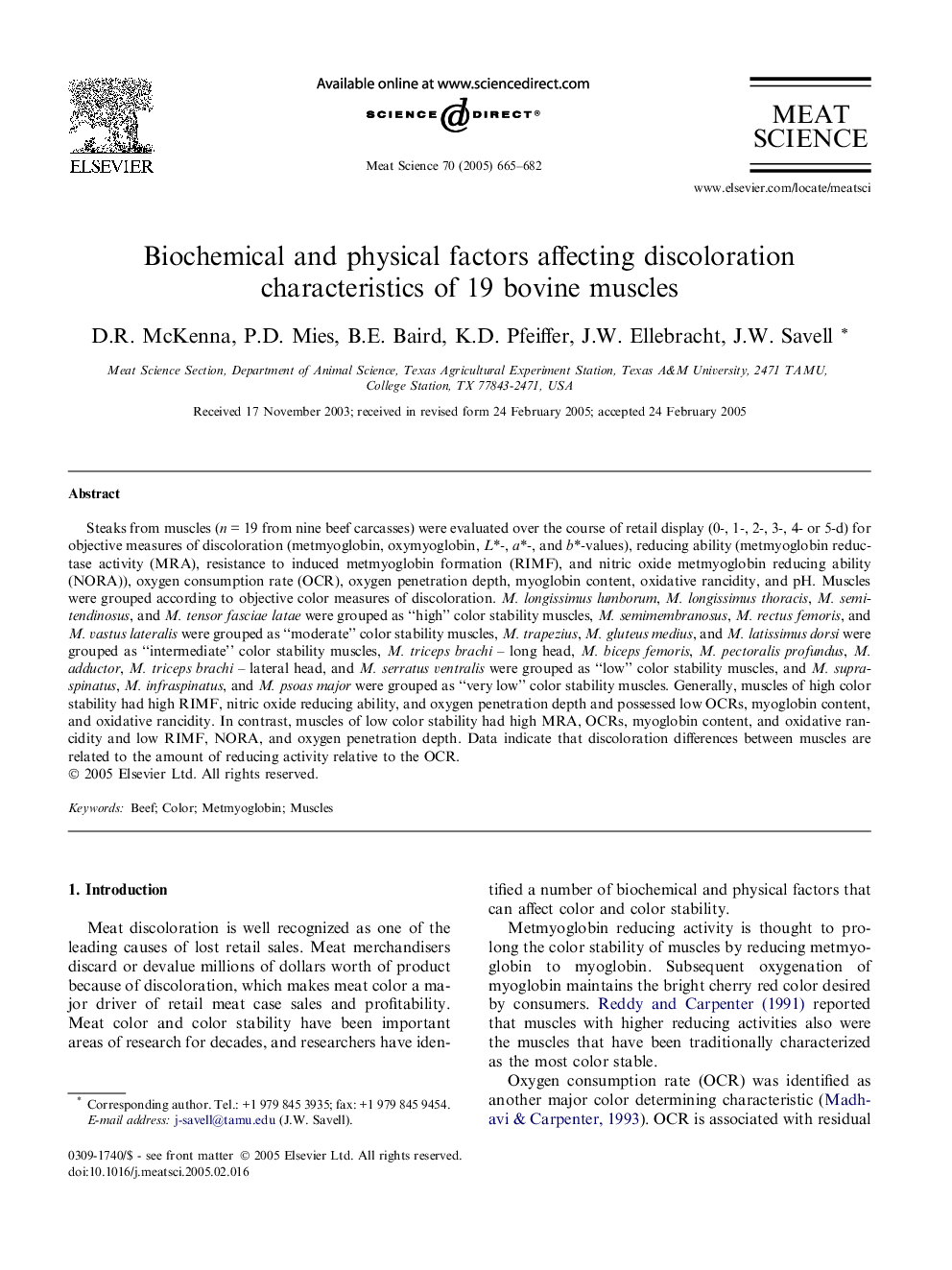 Biochemical and physical factors affecting discoloration characteristics of 19 bovine muscles