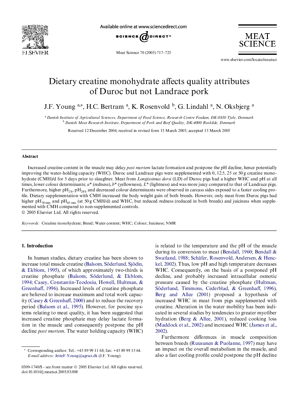 Dietary creatine monohydrate affects quality attributes of Duroc but not Landrace pork