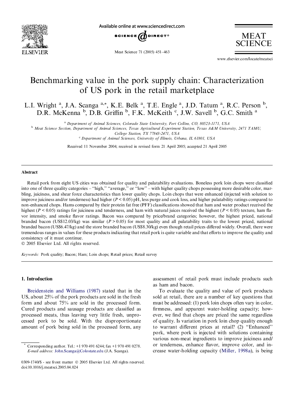 Benchmarking value in the pork supply chain: Characterization of US pork in the retail marketplace