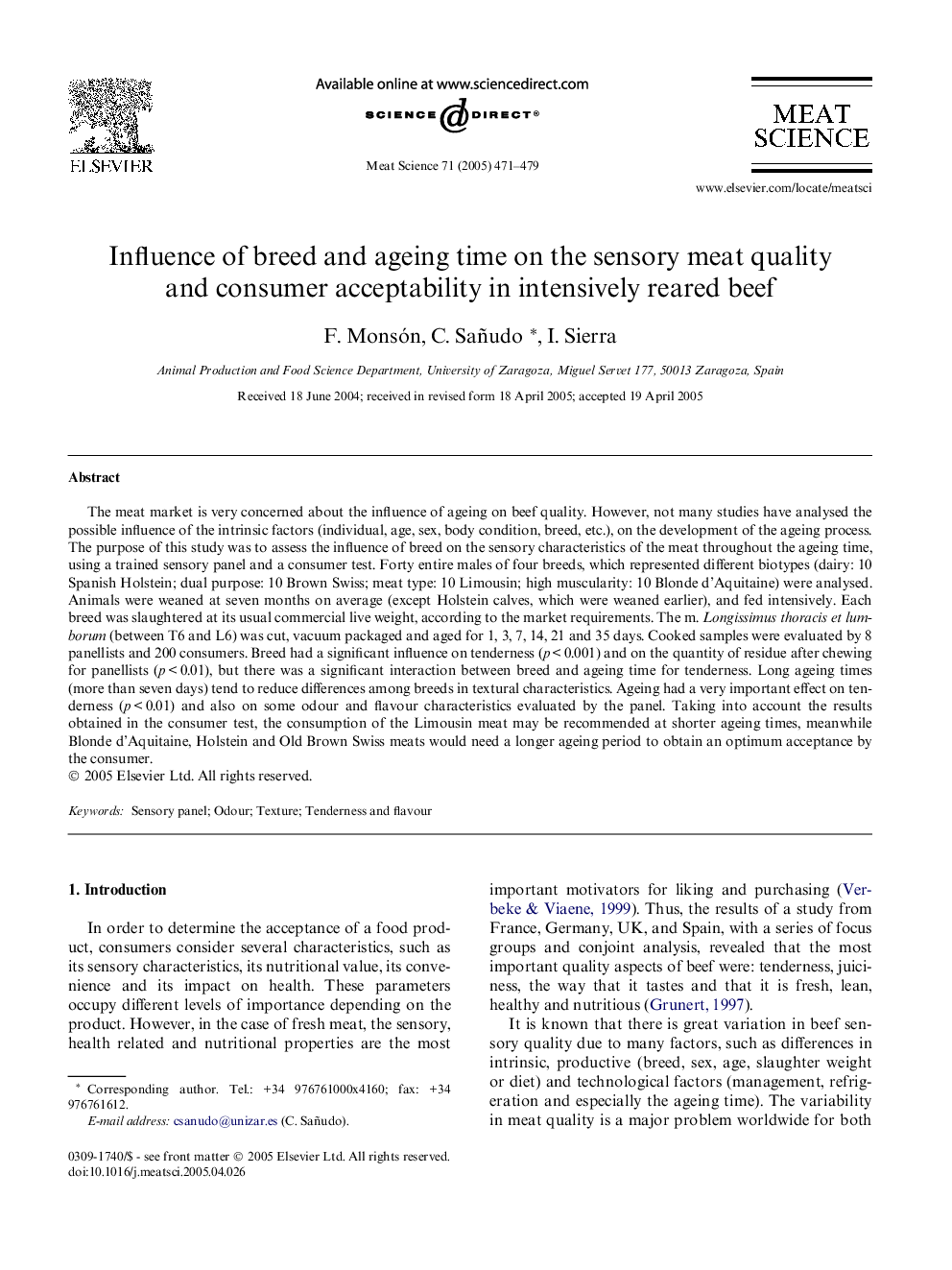 Influence of breed and ageing time on the sensory meat quality and consumer acceptability in intensively reared beef