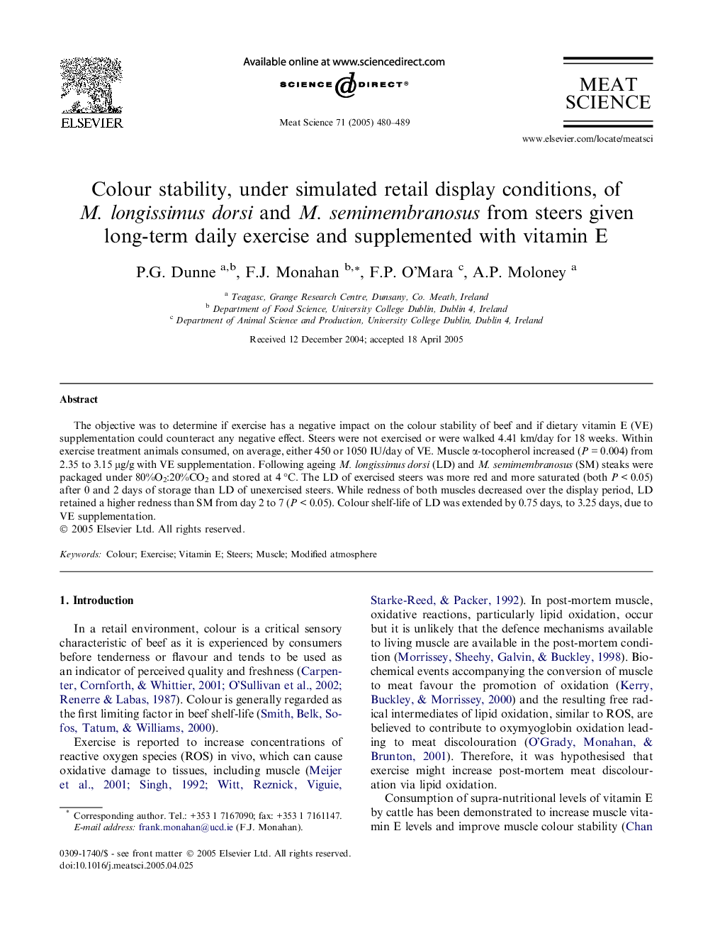 Colour stability, under simulated retail display conditions, of M. longissimus dorsi and M. semimembranosus from steers given long-term daily exercise and supplemented with vitamin E