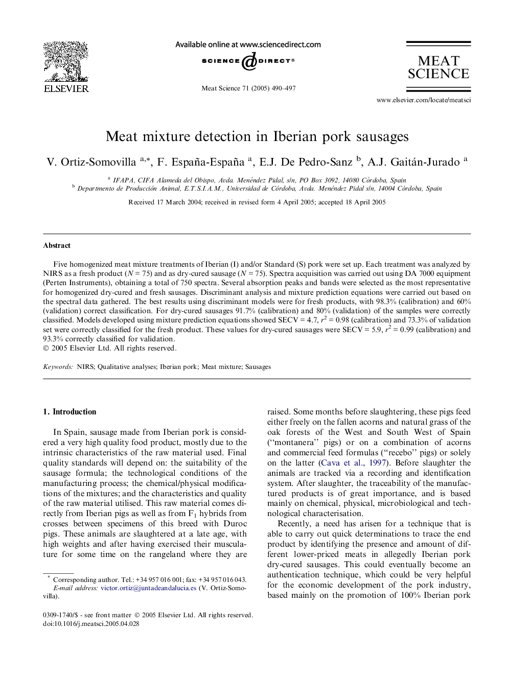 Meat mixture detection in Iberian pork sausages