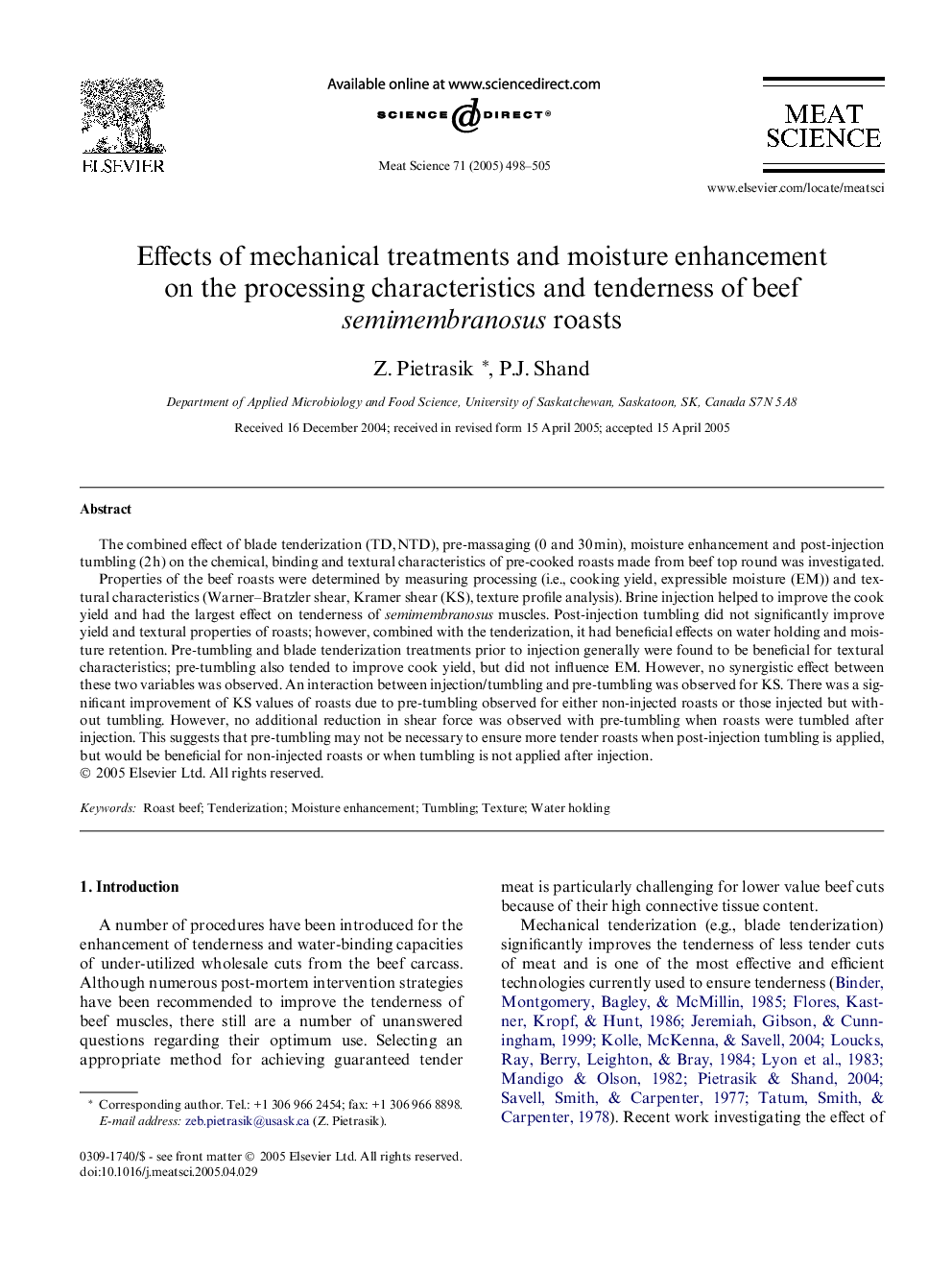 Effects of mechanical treatments and moisture enhancement on the processing characteristics and tenderness of beef semimembranosus roasts