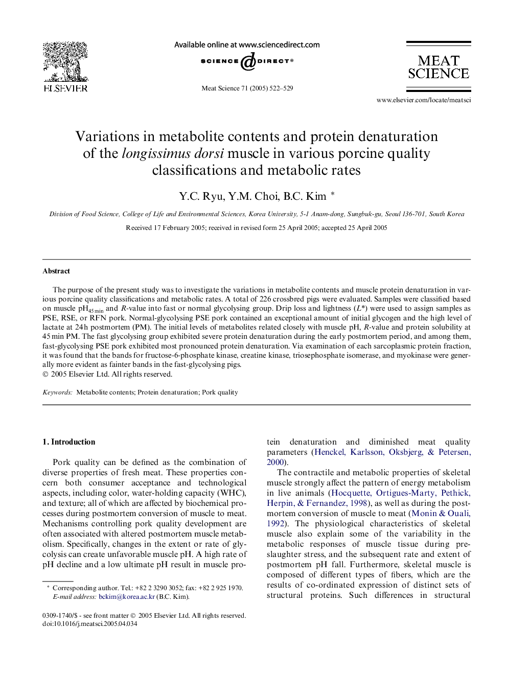 Variations in metabolite contents and protein denaturation of the longissimus dorsi muscle in various porcine quality classifications and metabolic rates