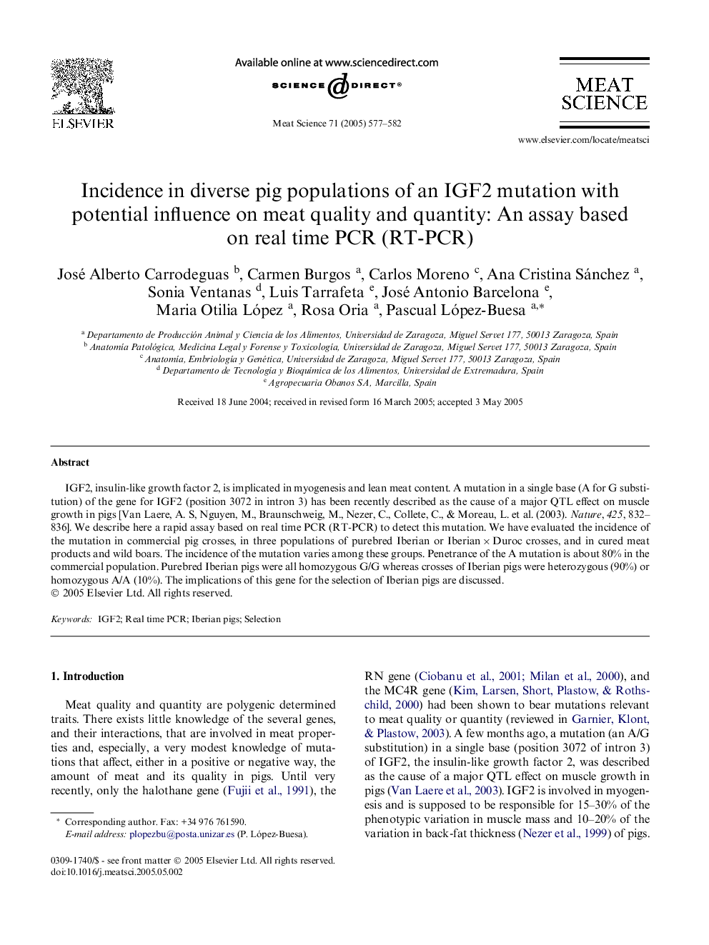 Incidence in diverse pig populations of an IGF2 mutation with potential influence on meat quality and quantity: An assay based on real time PCR (RT-PCR)