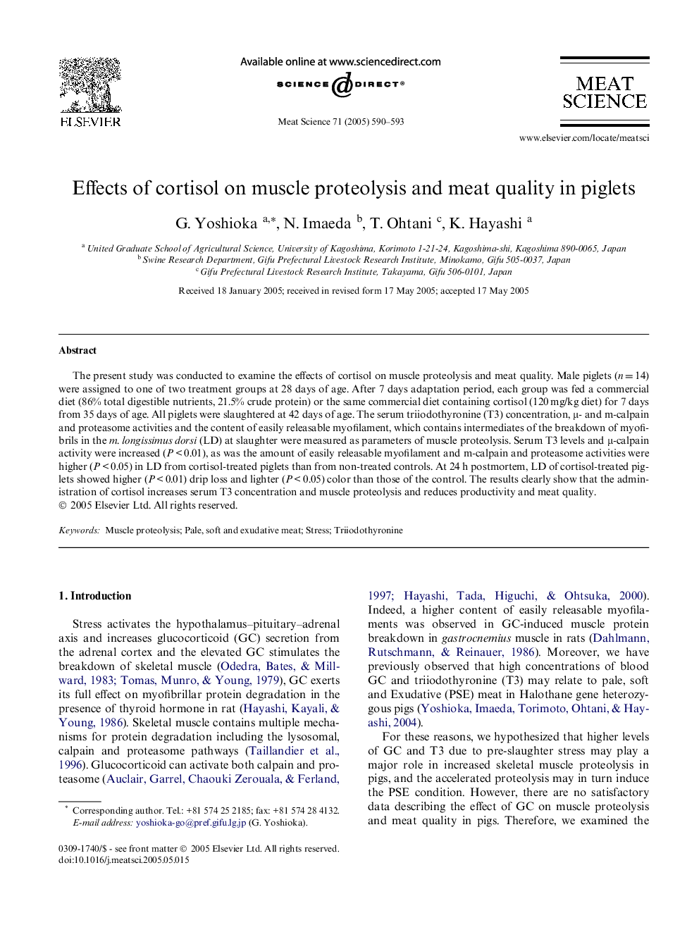 Effects of cortisol on muscle proteolysis and meat quality in piglets