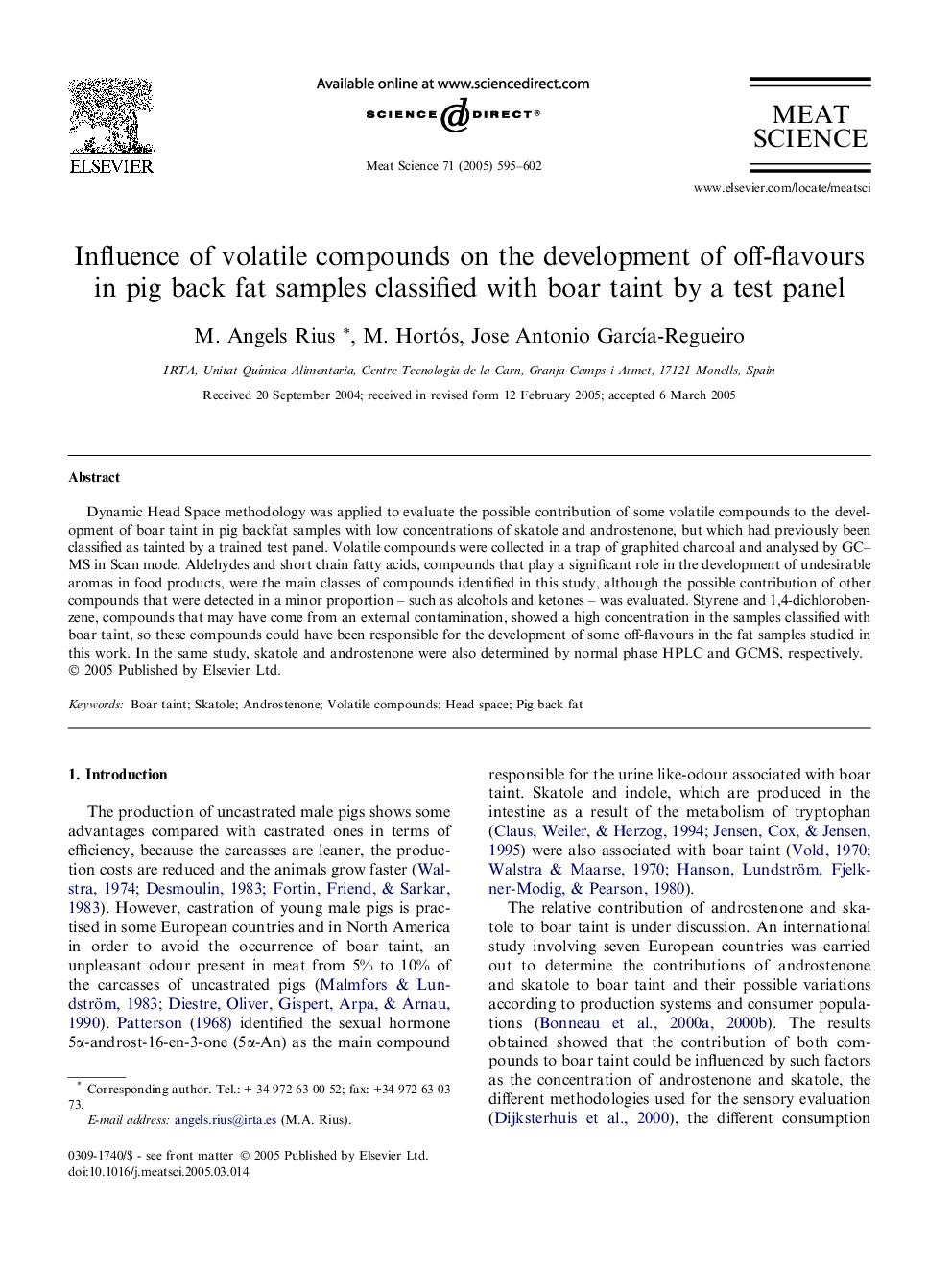 Influence of volatile compounds on the development of off-flavours in pig back fat samples classified with boar taint by a test panel