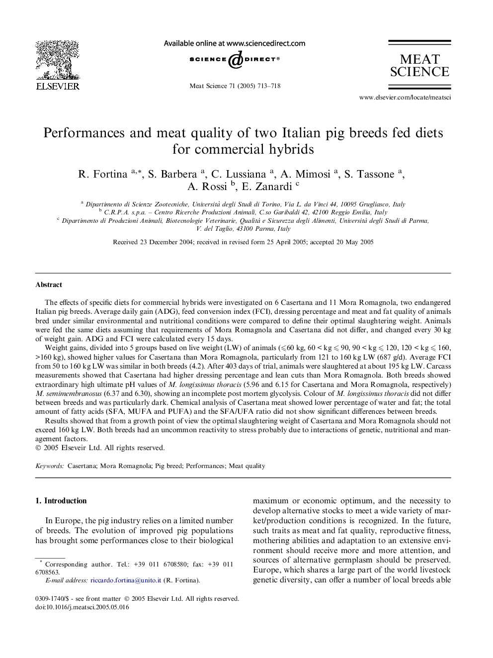 Performances and meat quality of two Italian pig breeds fed diets for commercial hybrids