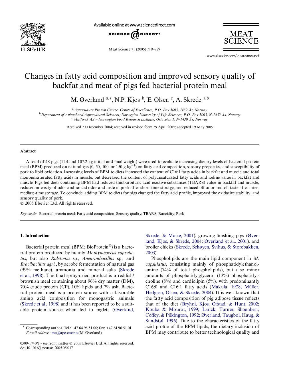 Changes in fatty acid composition and improved sensory quality of backfat and meat of pigs fed bacterial protein meal