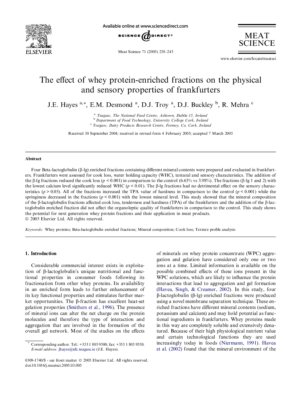 The effect of whey protein-enriched fractions on the physical and sensory properties of frankfurters