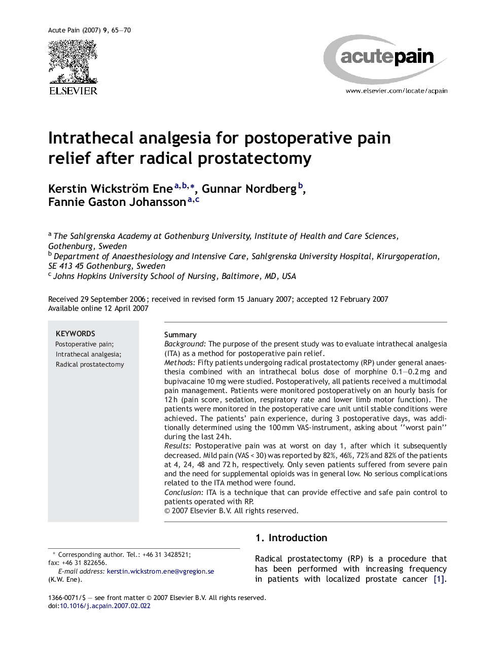 Intrathecal analgesia for postoperative pain relief after radical prostatectomy