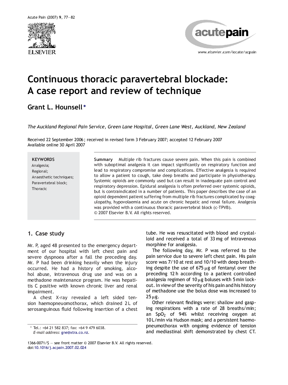 Continuous thoracic paravertebral blockade: A case report and review of technique