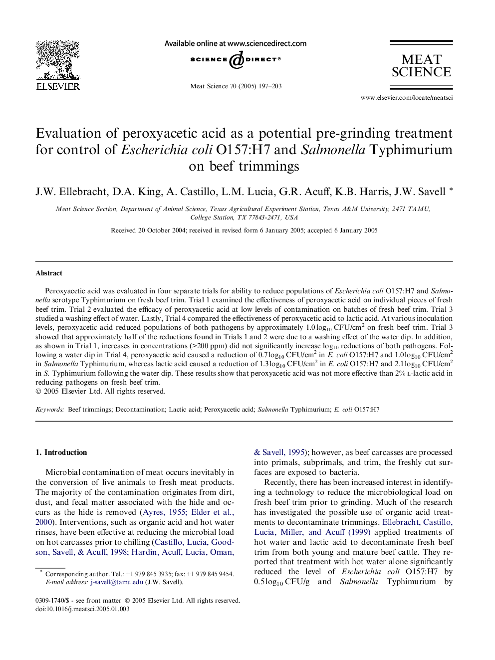 Evaluation of peroxyacetic acid as a potential pre-grinding treatment for control of Escherichia coli O157:H7 and Salmonella Typhimurium on beef trimmings